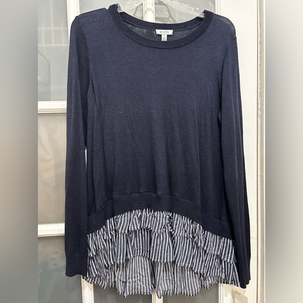 NEW! Susina Blue Long Sleeve Sweater with Striped Ruffle Hem Size Large